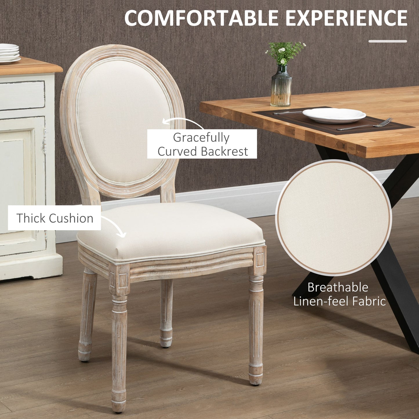 HOMCOM 2 French-Style Dining Chairs with Linen Upholstery - Cream ...