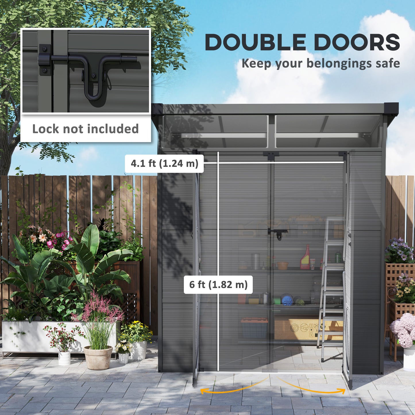 Outsunny 6x6ft Outdoor Storage Shed, Plastic Garden Shed w/ Windows, Air Vents & Latch Doors, Dark Grey