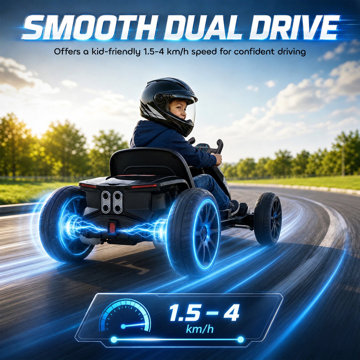 AIYAPLAY 12V Electric Go Kart for Kids with Dual Motors, Adjustable Seat, Soft Start, LED Lights, EVA Wheels, for Age 3-6, Black