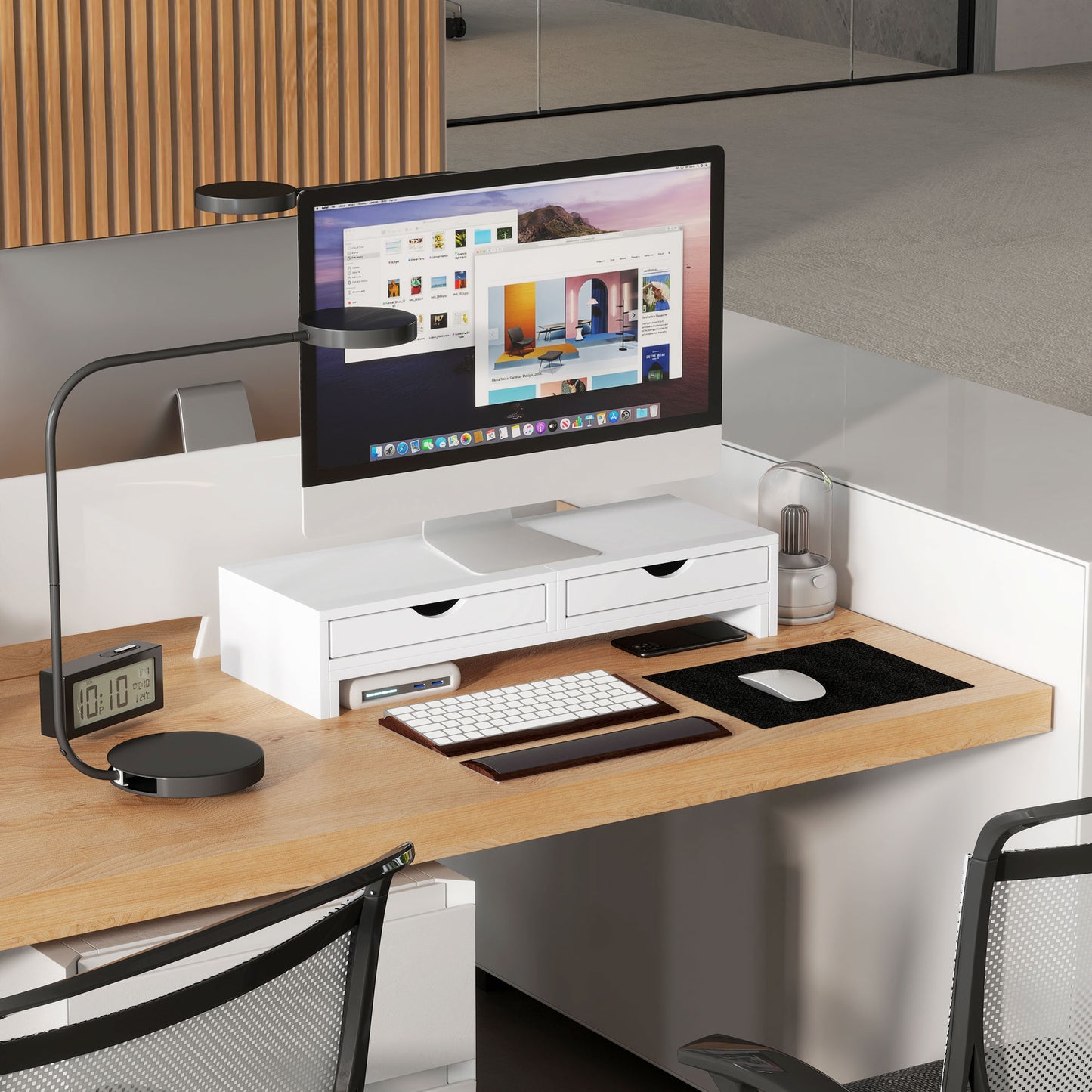HOMCOM Dual Monitor Stand Riser with 2 Drawers, White
