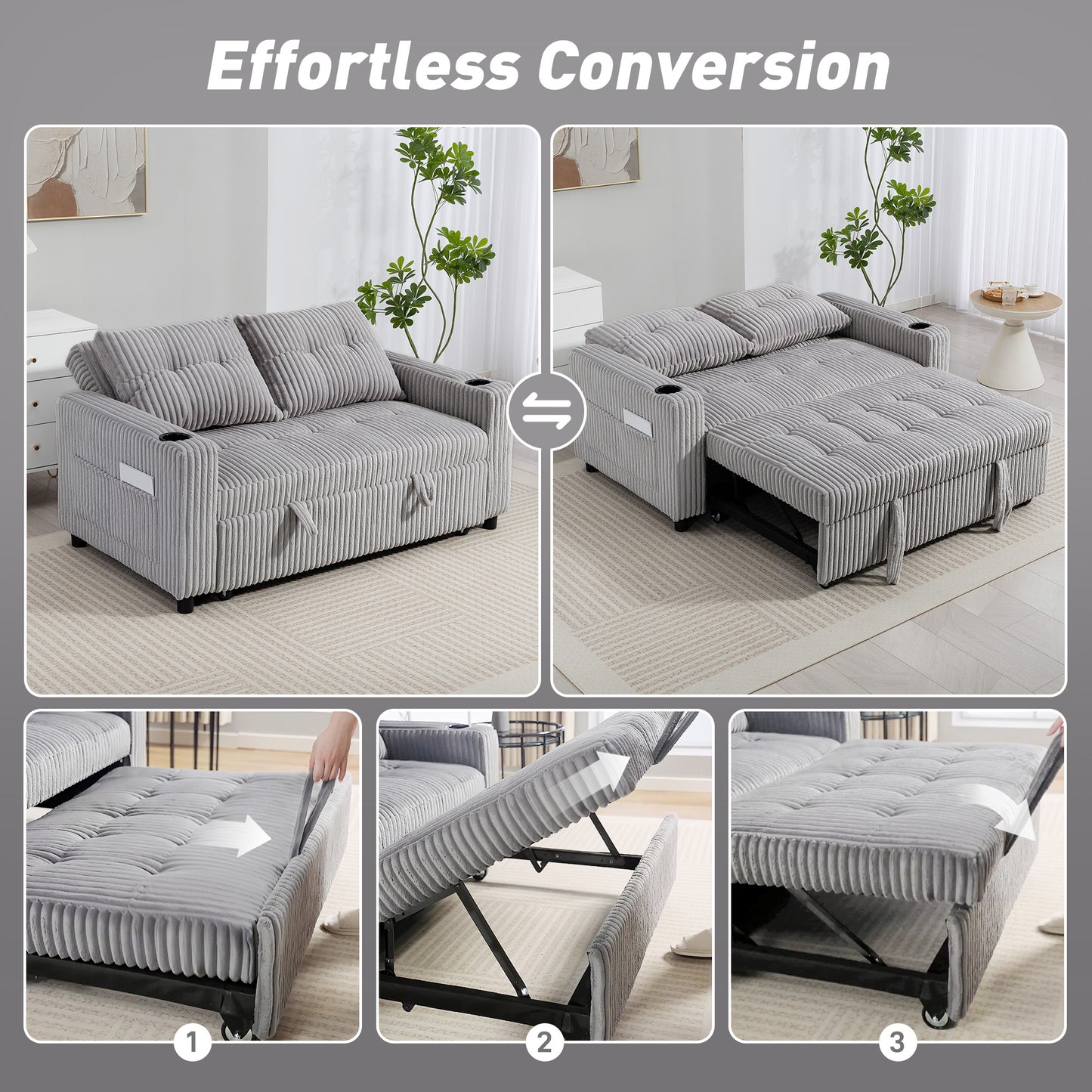 HOMCOM 2 Seater Click Clack Sofa Bed with Pull Out Design, Corduroy Upholstery - Light Grey