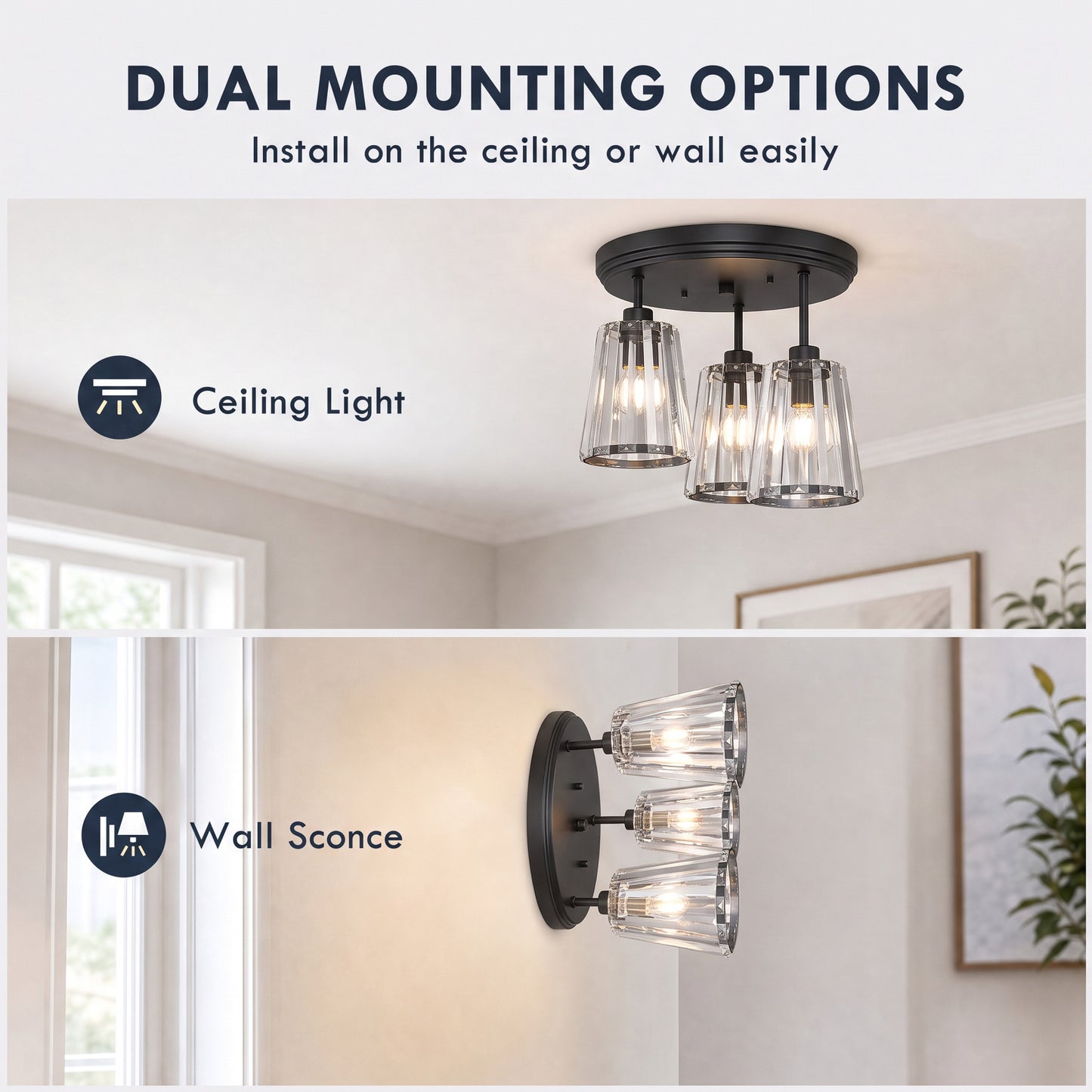 HOMCOM 3-Light Crystal Glass Ceiling Light, Triple Head with Dual Mounting, Modern Ceiling Lamp for Living Room, Black