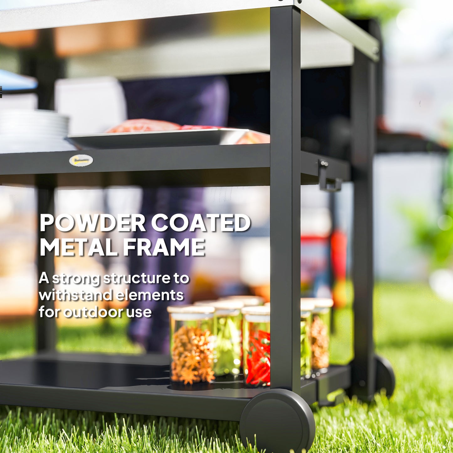 Outsunny Outdoor Grill Dining Cart, 3-Shelf Pizza Oven Table with Stainless Steel Top, Portable BBQ Trolley with Wheels, Charcoal Grey