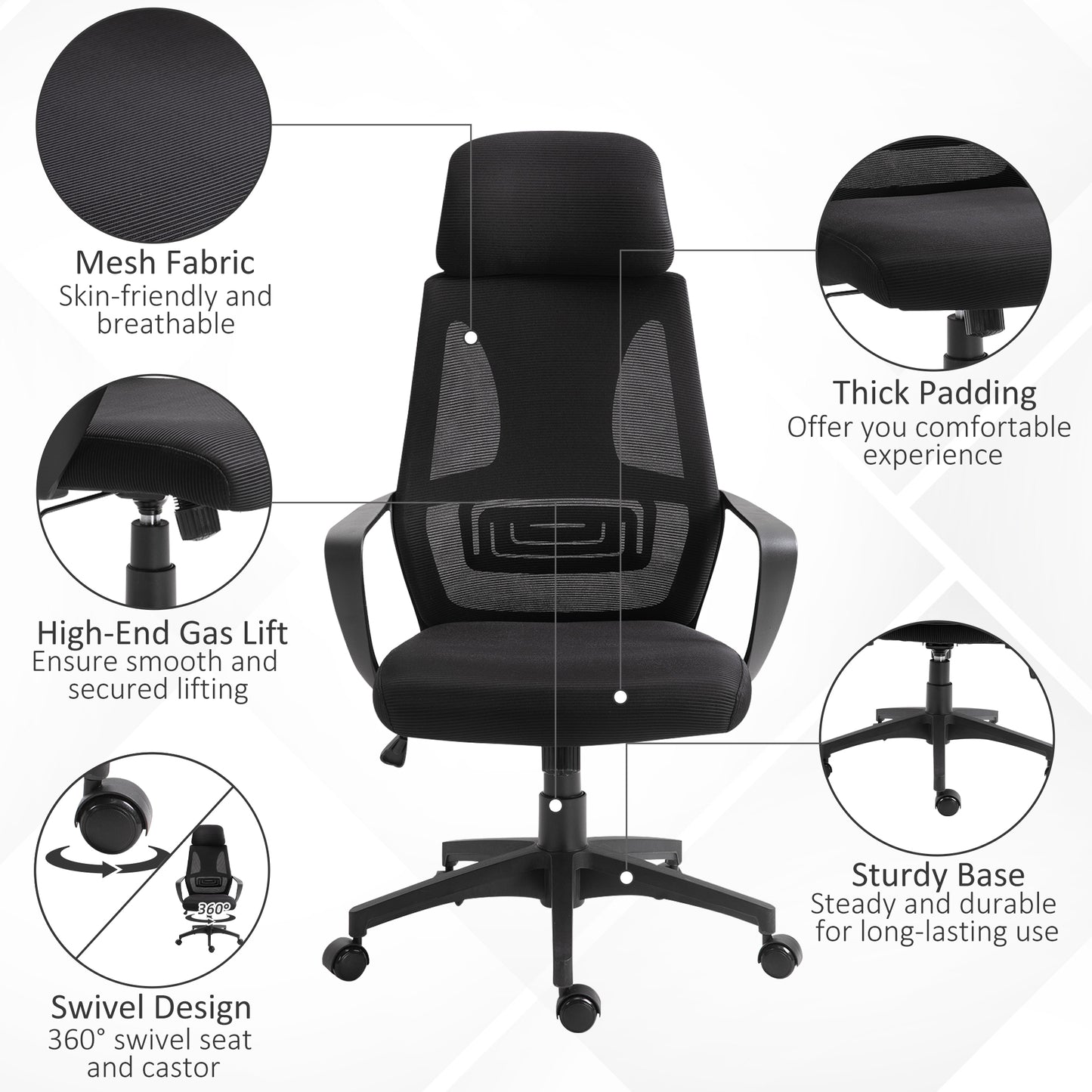Vinsetto Mesh Ergonomic Home Office Chair w/ Headrest Black