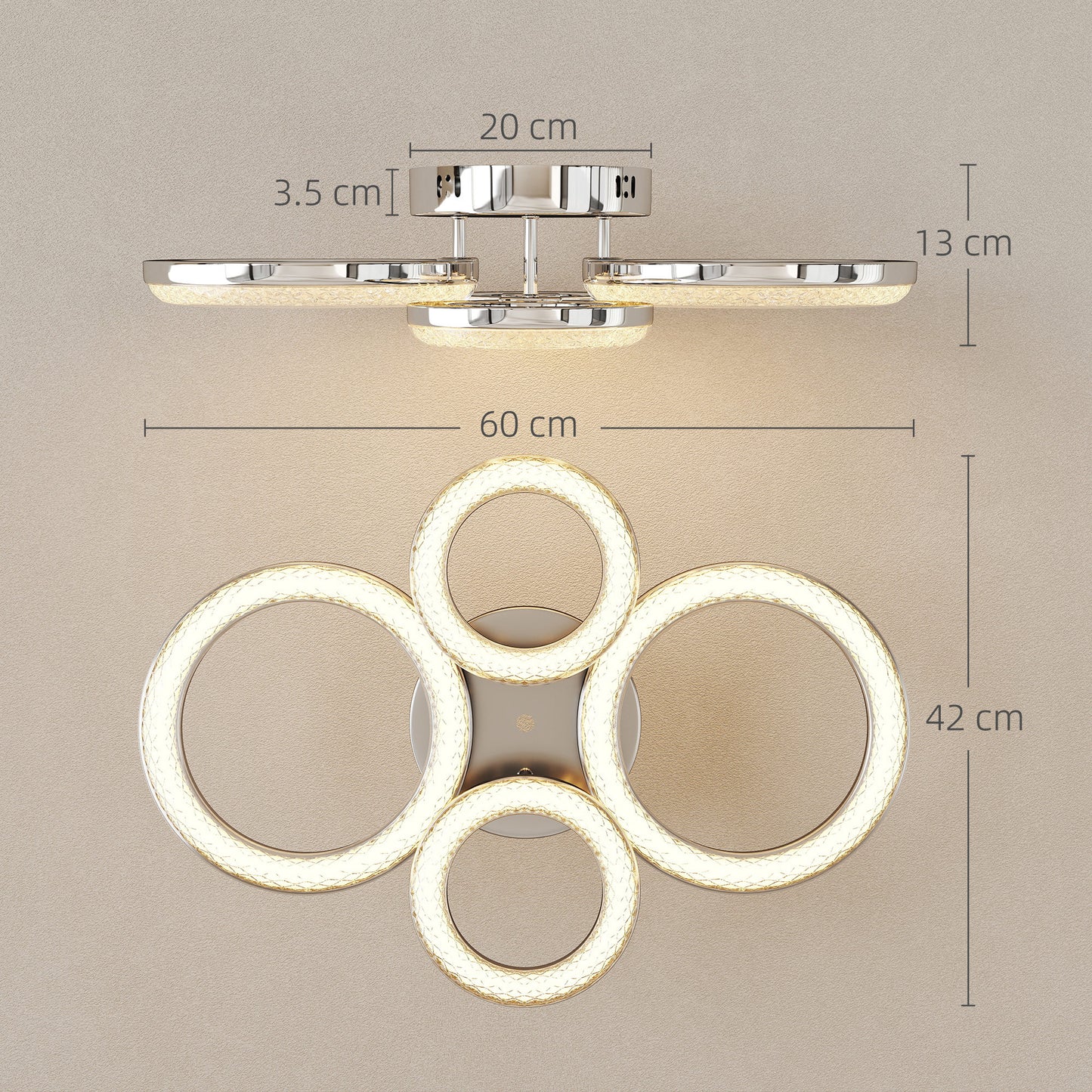 HOMCOM LED Ceiling Light, Modern 4 Rings Lamp, 40W 4350lm Flush Mount with 3500K/4500K/6000K Temps for Living Room, Bedroom, Silver Tone