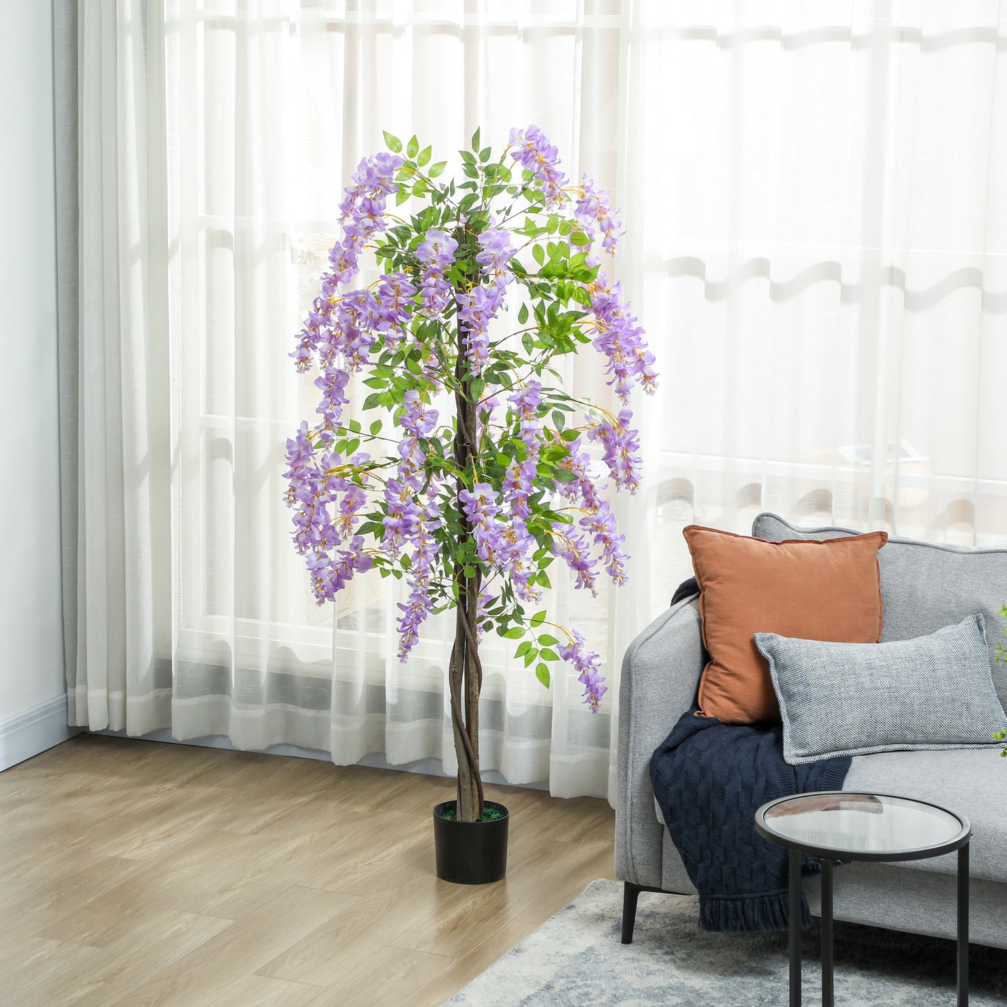 HOMCOM Artificial Wisteria, Tall Fake Plant with 756 Leaves & 54 Flowers in Pot, Home Decor, 180cm, Purple
