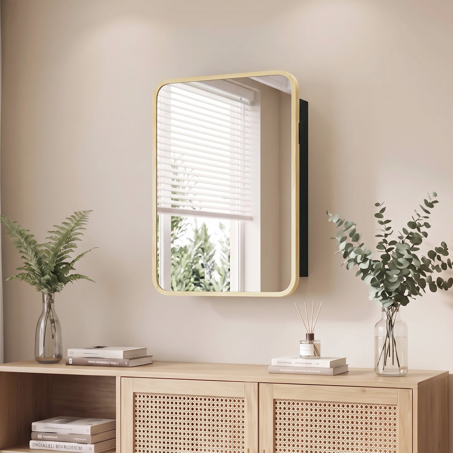 HOMCOM Bathroom Medicine Mirror Cabinet, Bathroom Wall Cabinet w/ Storage, Magnetic Door, Adjustable Shelf, Natural Wood Finish