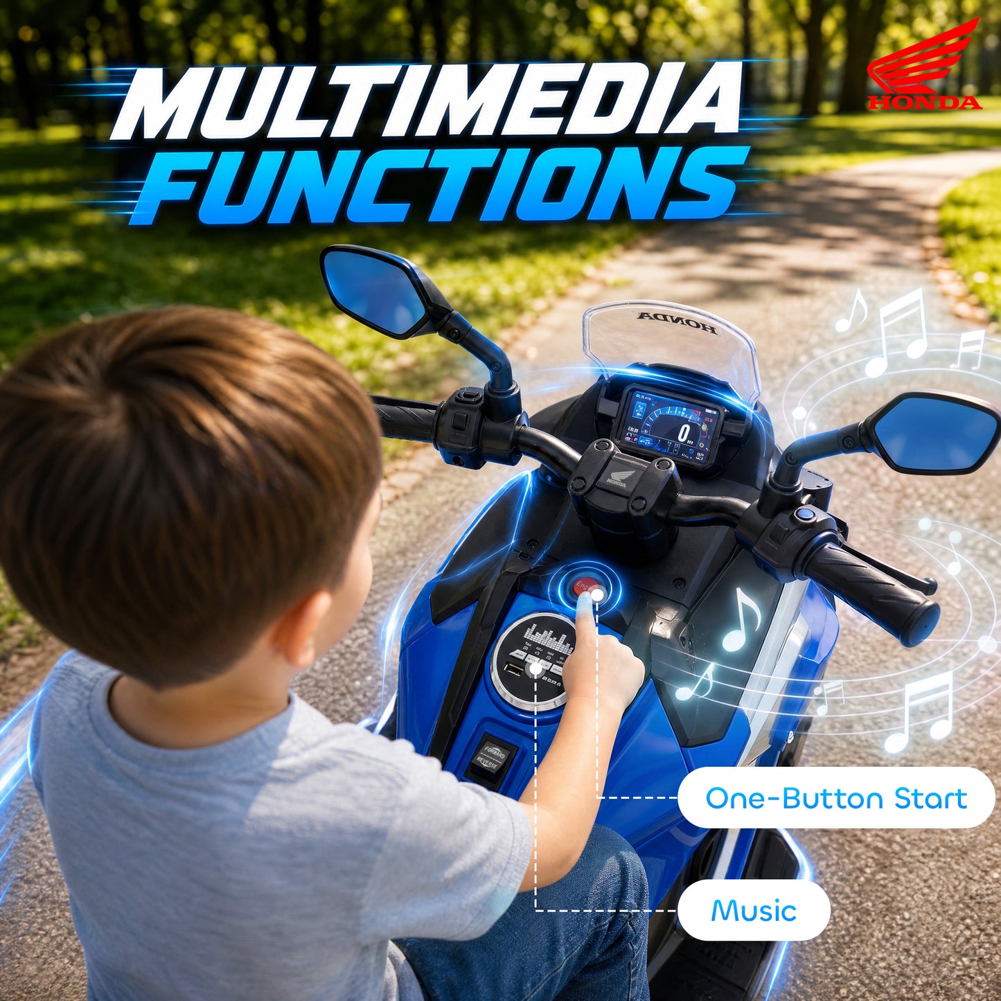 AIYAPLAY Licensed Honda 12V Kids Electric Motorbike with Training Wheels, Soft Start, Headlights, Music for 3-6 Years, Blue