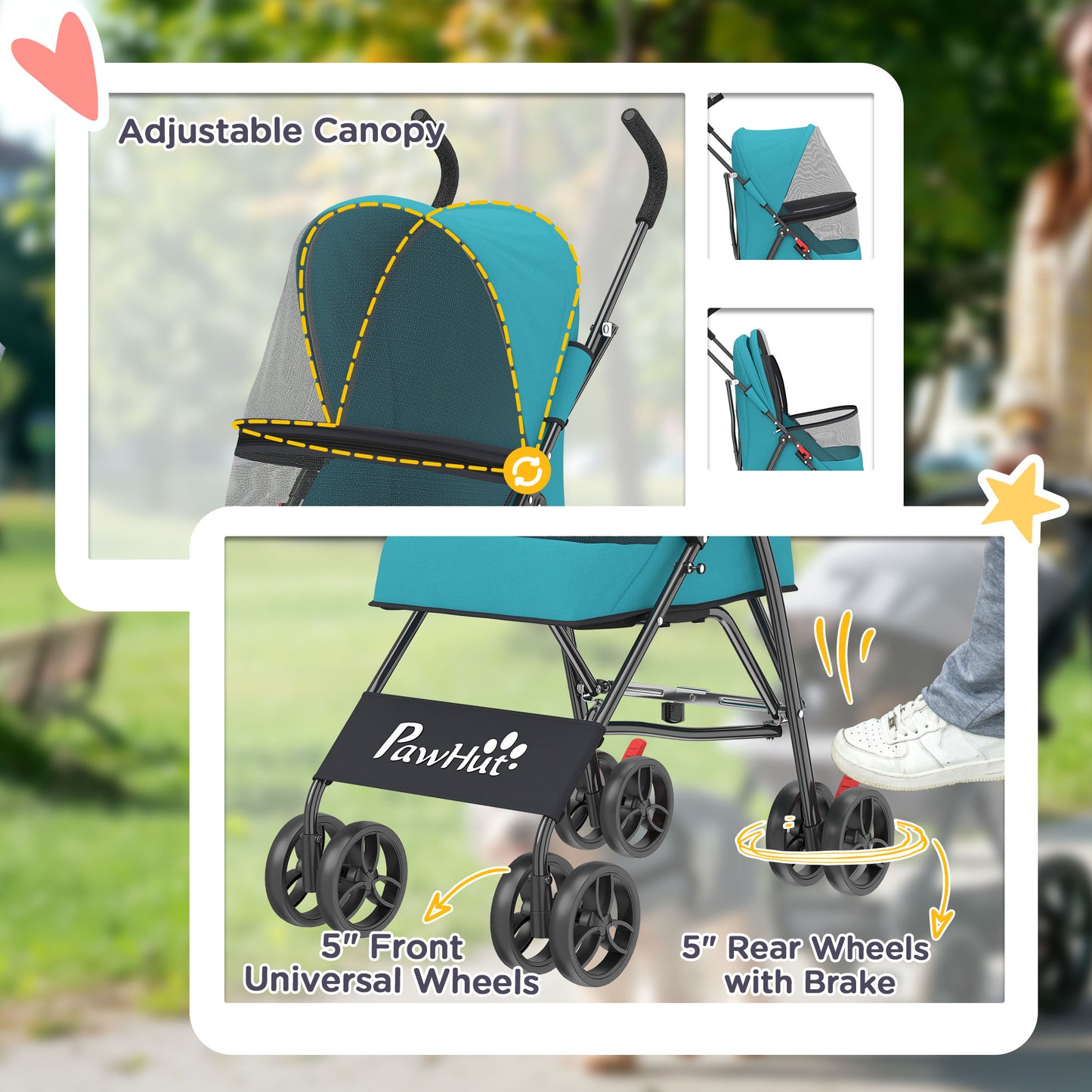 PawHut Dog Stroller, Foldable Cat Dog Pram for Miniature Breeds, Pet Stroller with Brake, Mesh Windows, Dark Green