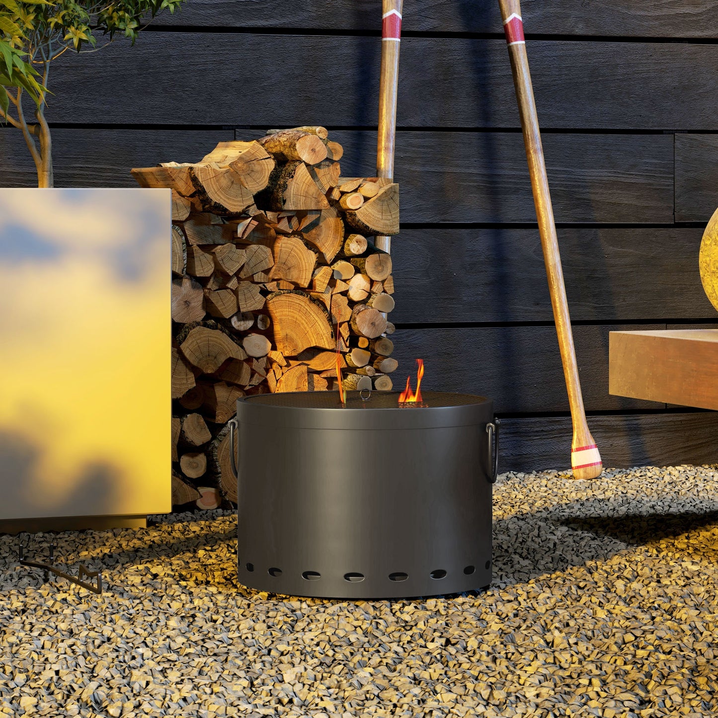 Outsunny Smokeless Fire Pit, 38cm Portable Wood Burning Firepit with Spark Screen & Poker, Dark Grey