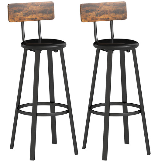 HOMCOM Upholstered Bar Stools Set of 2 with Backrest and Footrest - Rustic Brown and Black