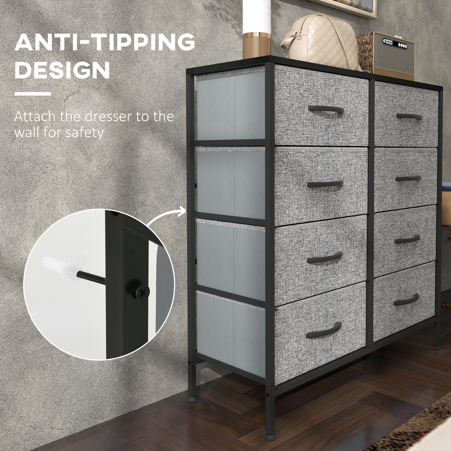 HOMCOM Fabric Chest of Drawers, Industrial Dresser with 8 Drawers, Steel Frame, Wooden Top for Nursery, Living Room, Hallway, Black