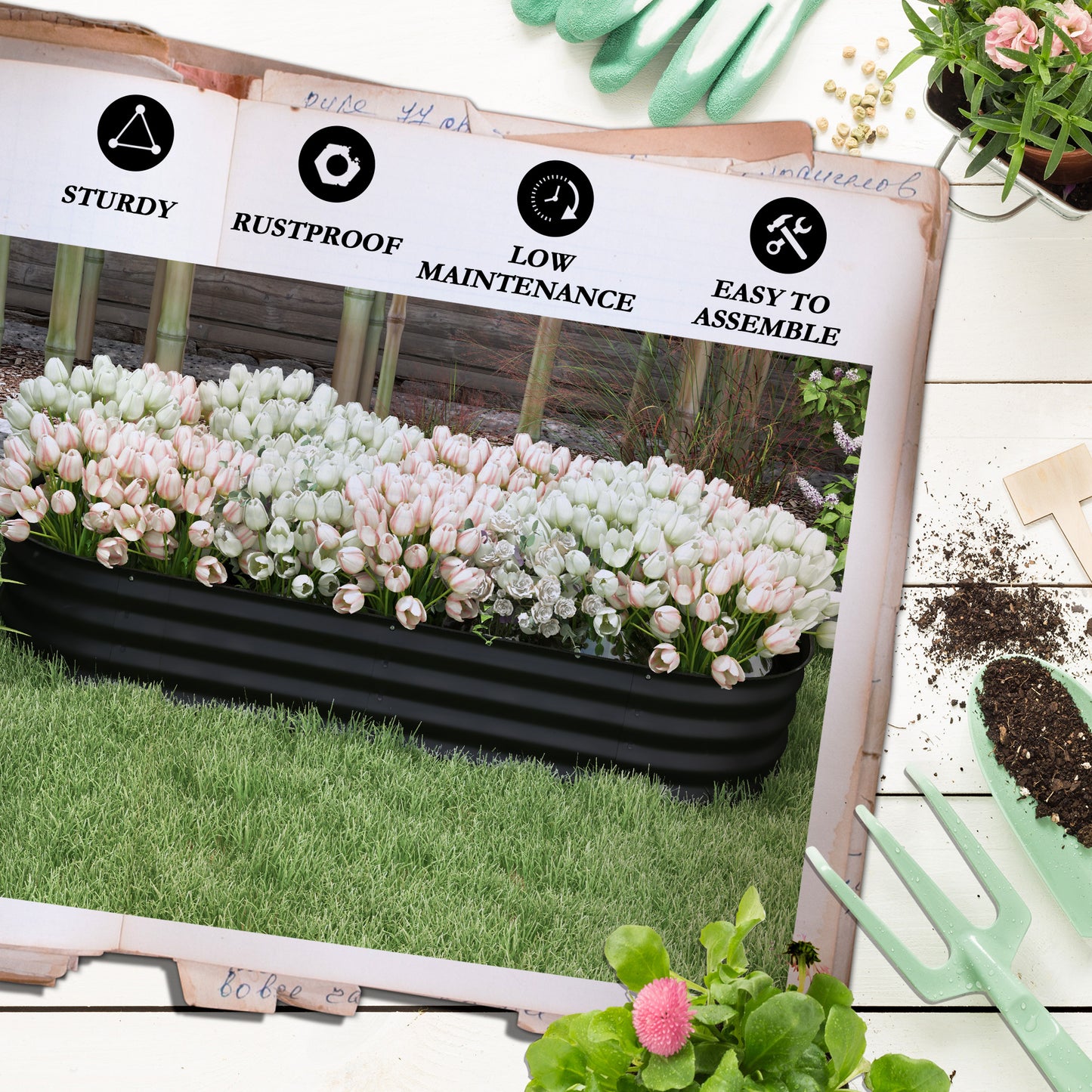 Outsunny Galvanised Raised Garden Bed, Metal Planter Box with Safety Edging, for Flowers, Herbs, Succulents, Black