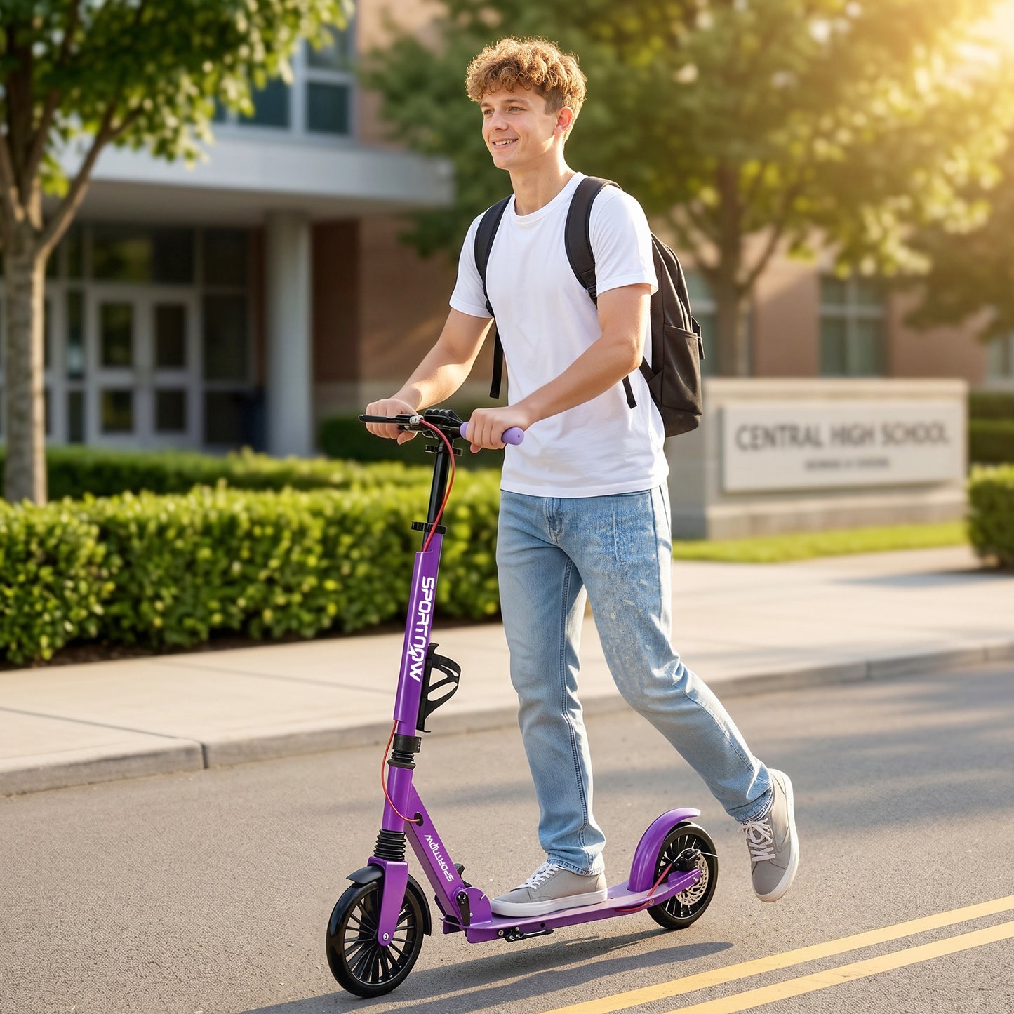 SPORTNOW Foldable Kick Scooter with Height Adjustable Handlebar, One-click Folding Adult Scooters with 200 mm Big Wheels, Purple