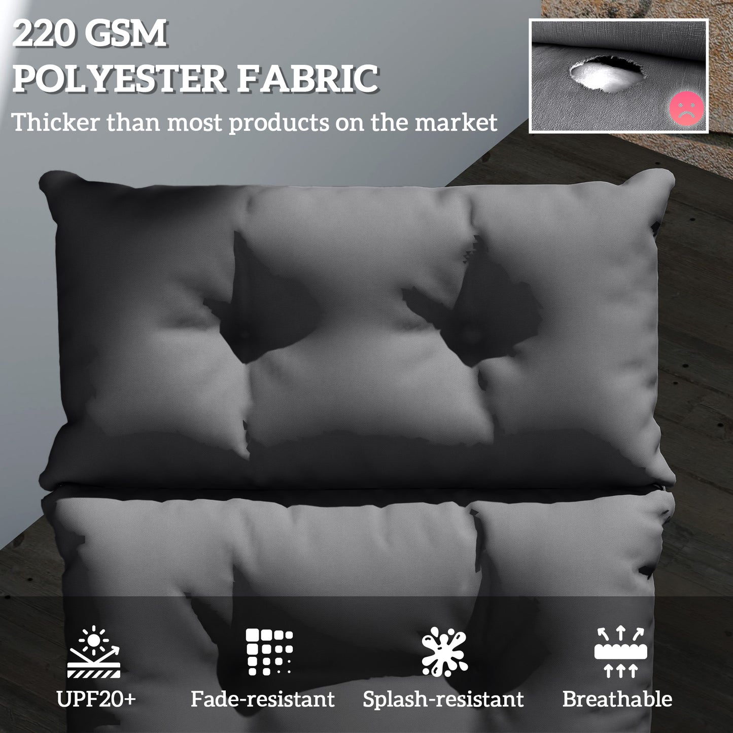 Outsunny Sun Lounger Cushion, 190x56x10cm, UPF20+ 220gsm Fabric, 6 Ties, Dark Grey