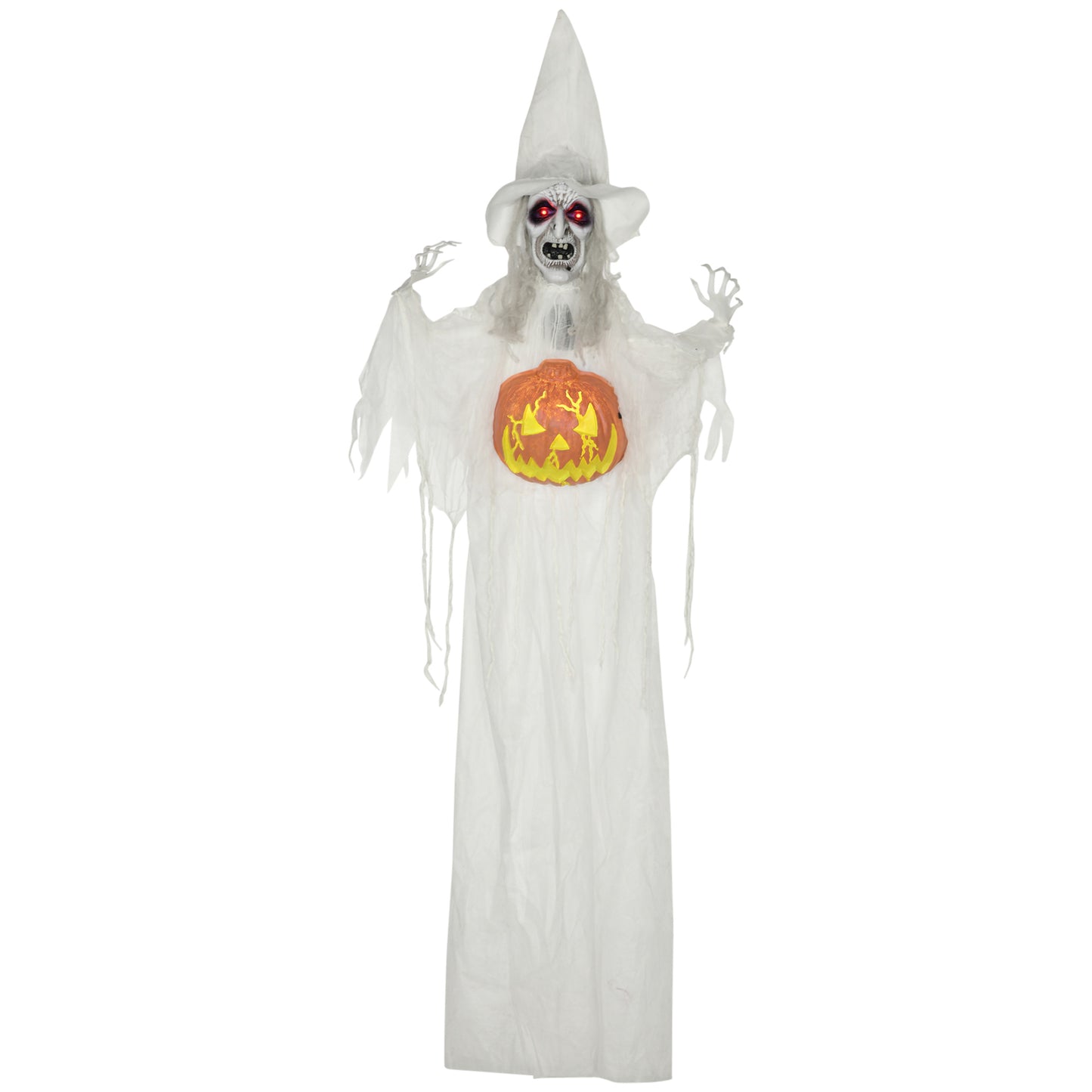 HOMCOM 6ft Outdoor Halloween Decoration Witch, Life-Size Sound & Motion Activated Skeleton Witch Prop with Light-Up Eyes, Posable Arms, White