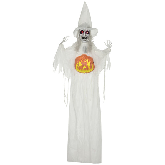 HOMCOM 6ft Outdoor Halloween Decoration Witch, Life-Size Sound & Motion Activated Skeleton Witch Prop with Light-Up Eyes, Posable Arms, White