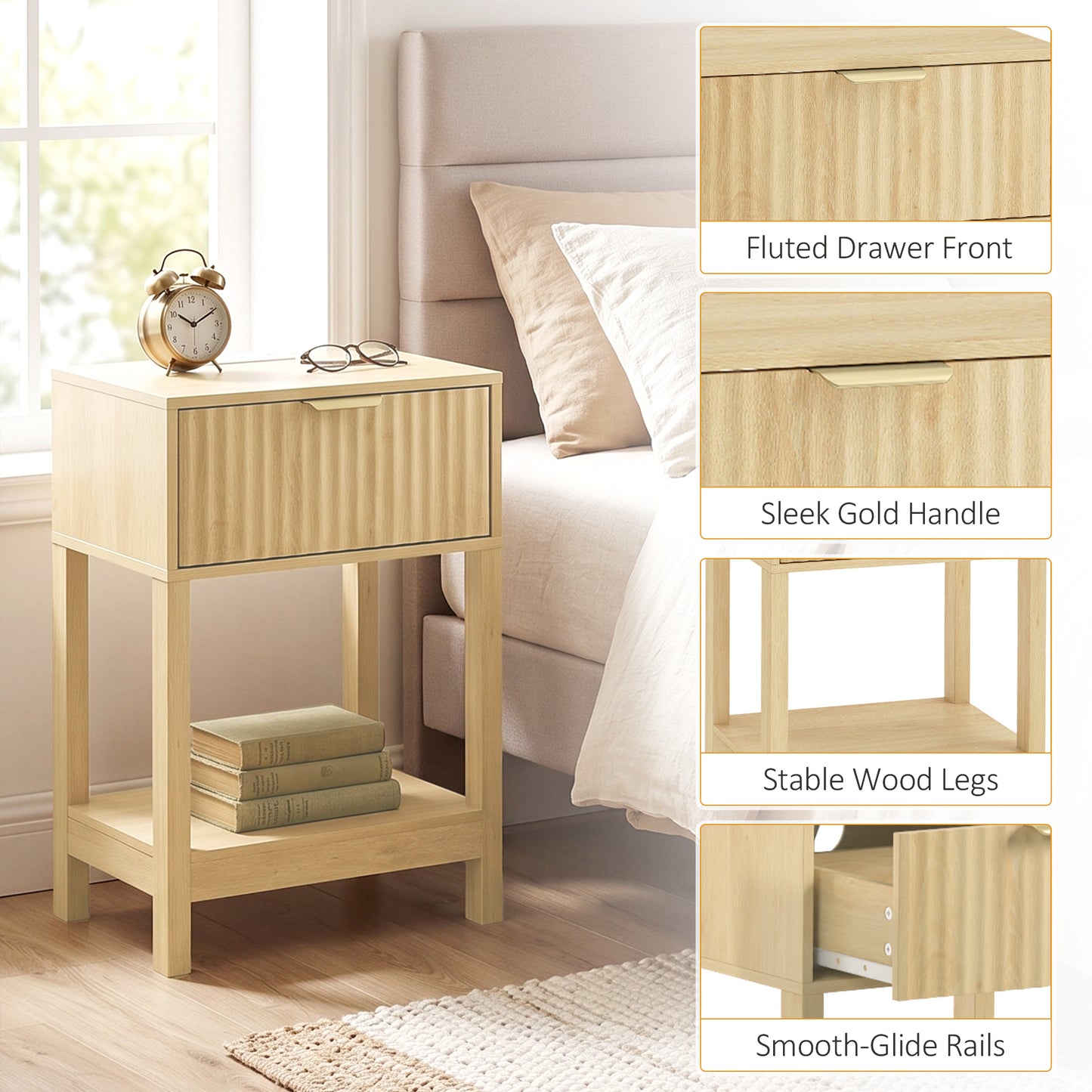 HOMCOM Modern Fluted Nightstand Set of 2, Bedside Table with Charging Station, Drawer and Open Shelf for Bedroom, Oak