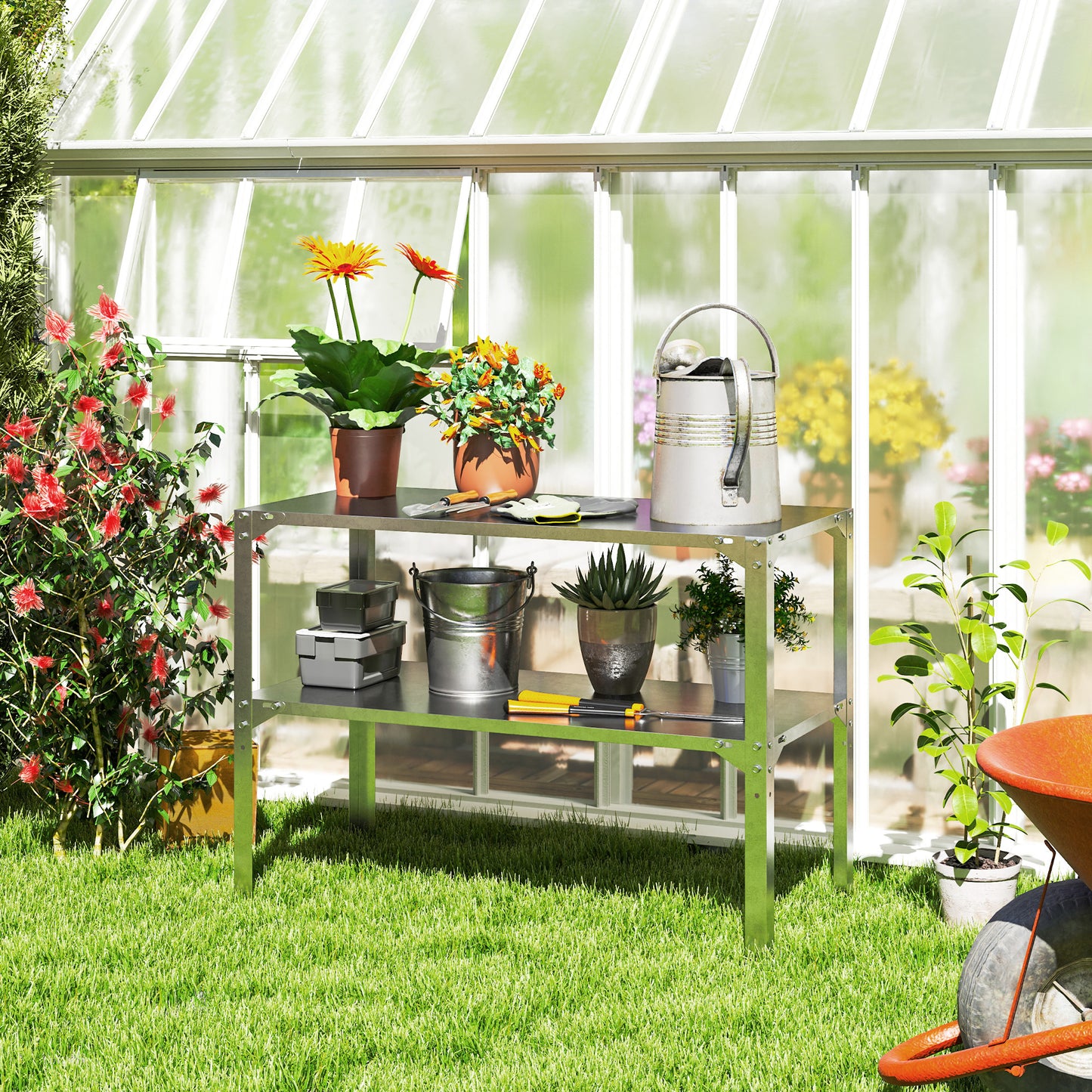 Outsunny 2-Tier Potting Bench Table, Galvanised Steel with Storage Shelf, for Garden/Patio/Greenhouse