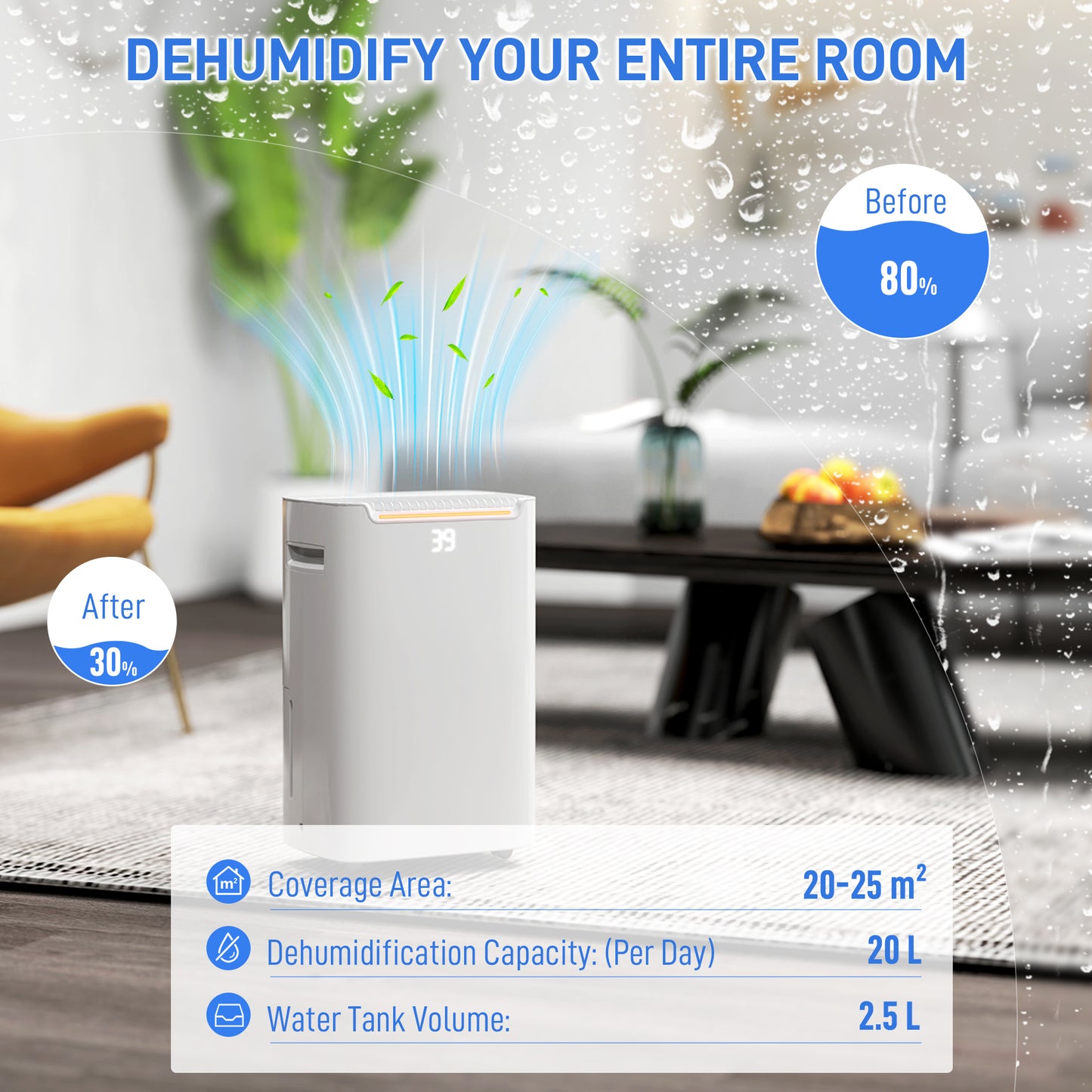 HOMCOM 20L/Day Dehumidifier 2.5L Water Tank, 24H Timer On/off, Digital Humidity Display