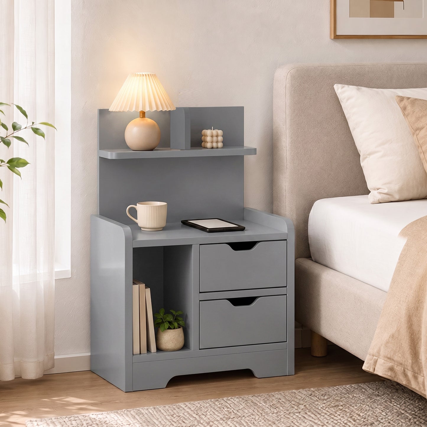 HOMCOM Bedside Table, Small Bedside Cabinet with 2 Drawers and Storage Shelves, Modern Nightstand for Bedroom, Grey