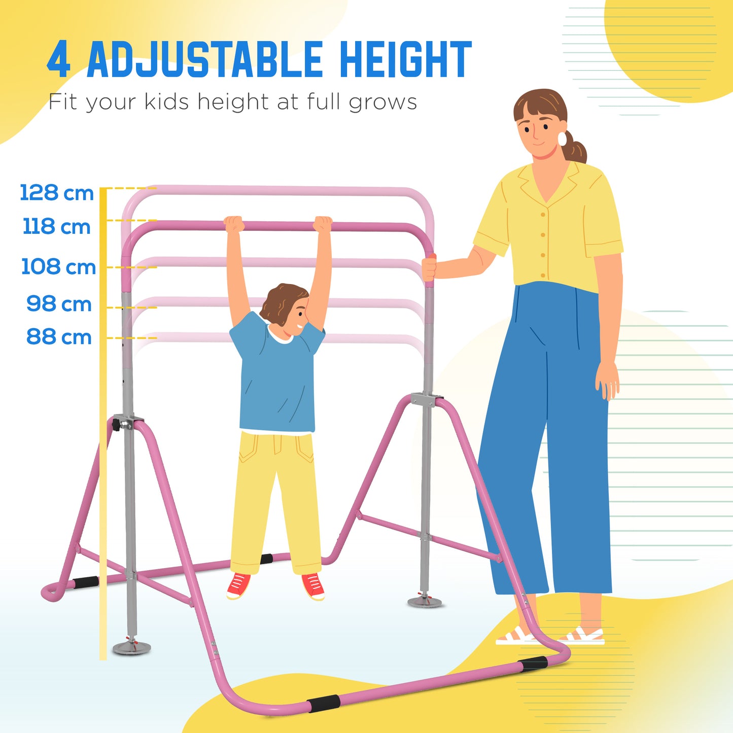 HOMCOM Kids Gymnastics Bar w/ Adjustable Height Foldable Horizontal Bars Pink