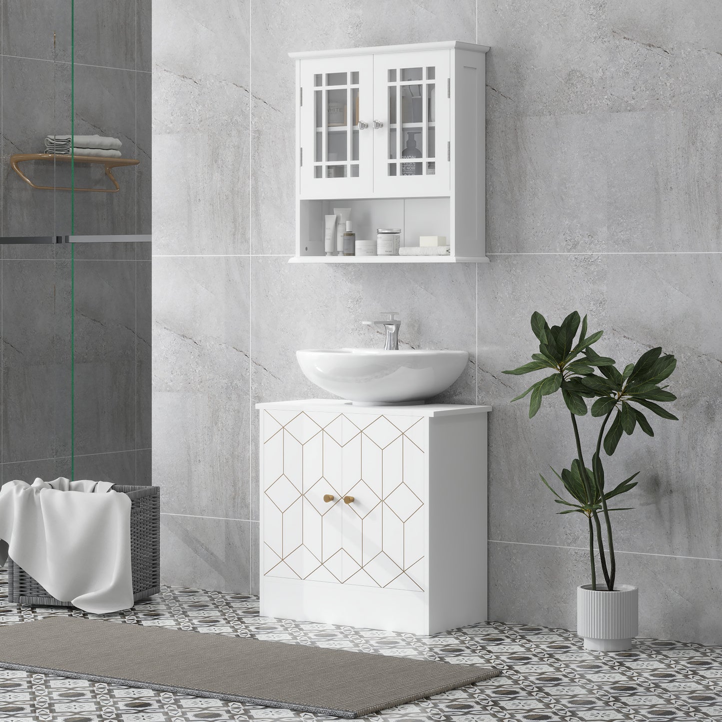 HOMCOM Under Sink Bathroom Cabinet, Adjustable Shelf & Open Compartment, Fits Basin with/without Pedestal, 60x30x60cm, White