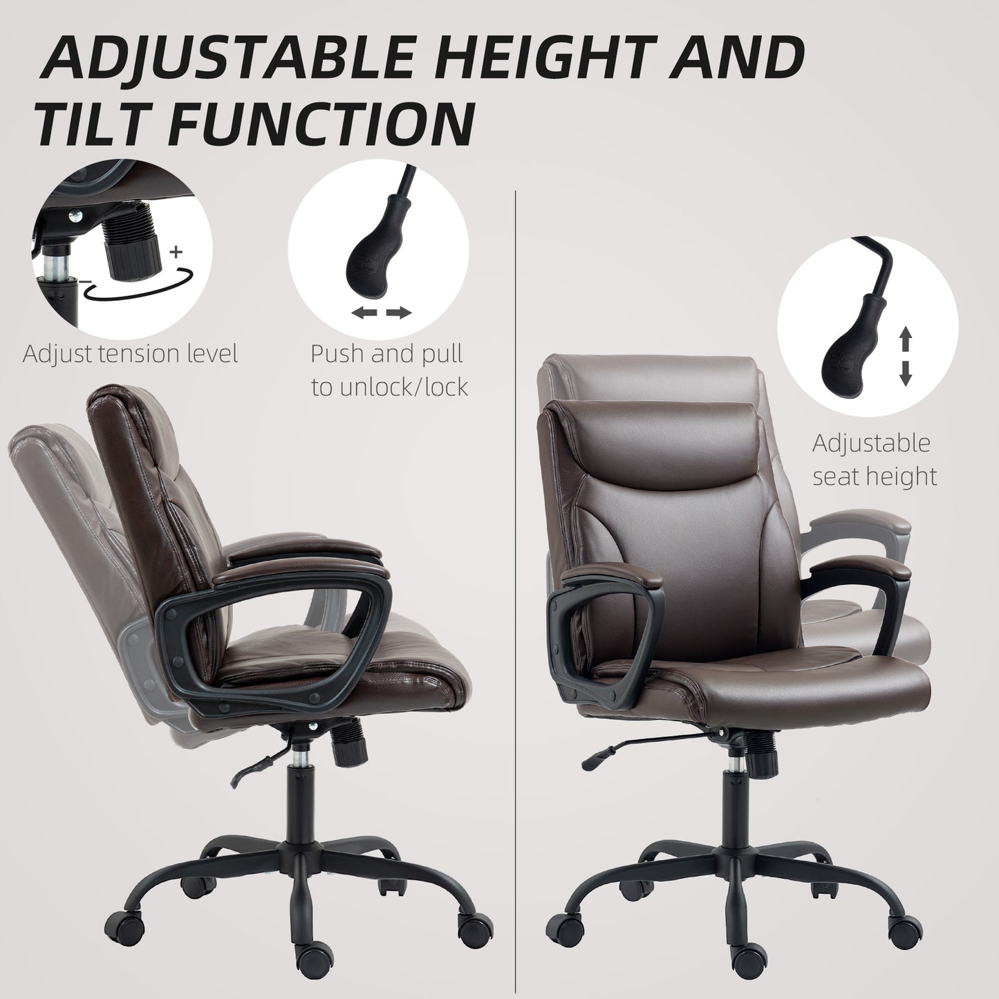HOMCOM Executive Office Chair, Faux Leather, Adjustable Swivel Wheels & Tilt Function, Brown