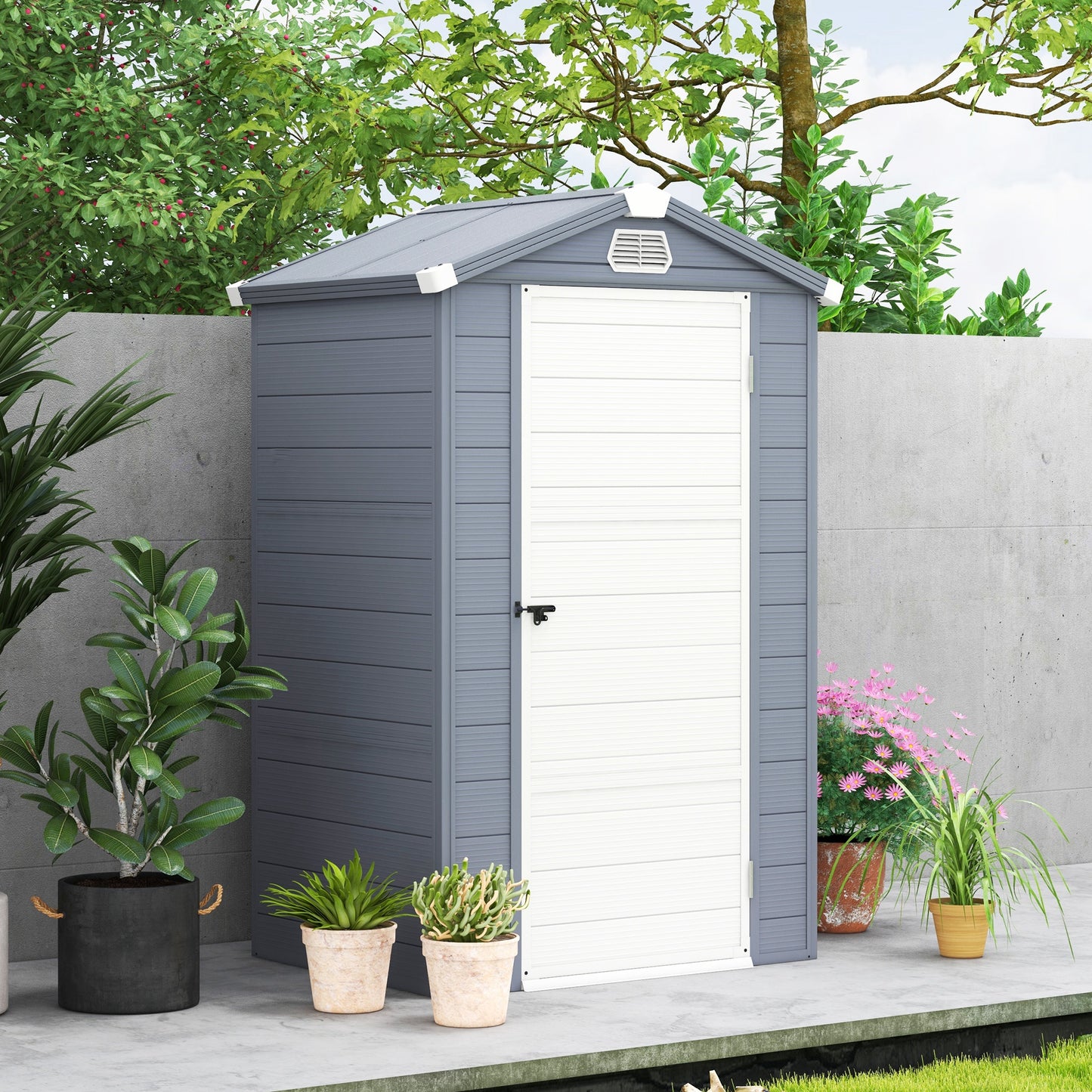Outsunny 4 x 3ft Plastic Garden Storage Shed with Foundation Kit, Polypropylene Outdoor Storage Tool House with Ventilation Slots and Lockable Door, Grey