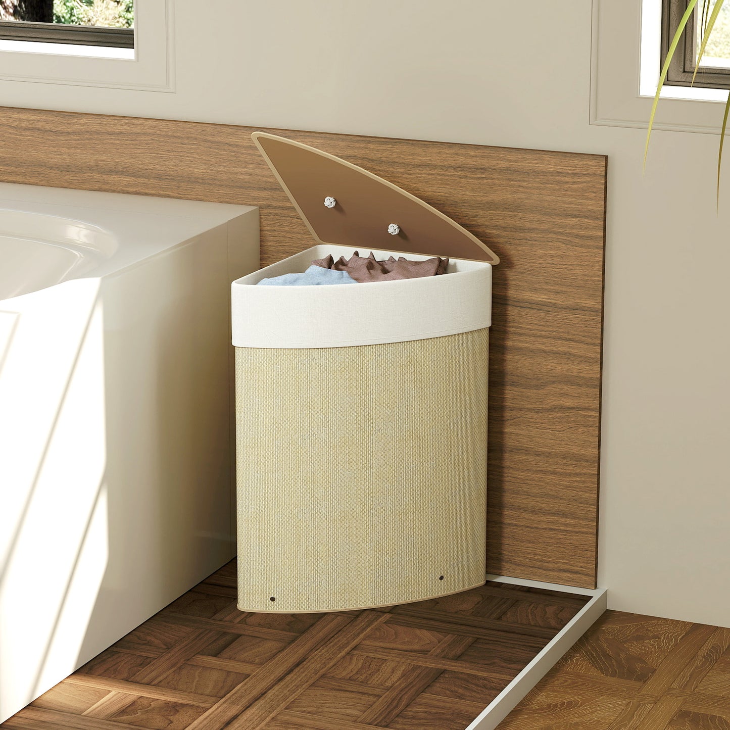 HOMCOM Bamboo Laundry Basket with Lid, 55L Corner Hamper, Removable Liner, Bathroom Triangle Basket, 35x35x60cm, Nature Wood Finish