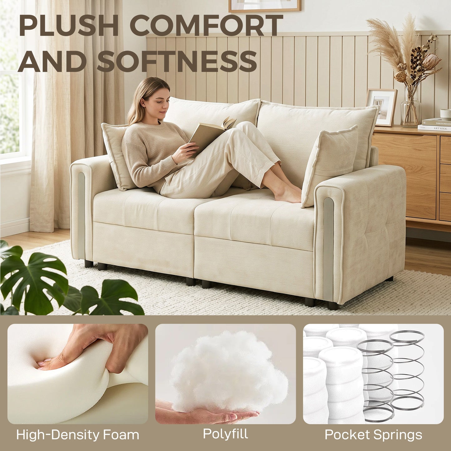 HOMCOM 2 Seater Sofa with Lift-Up Storage, 168 cm Comfy Velvet Small Couch with Wide Deep Seat Beige