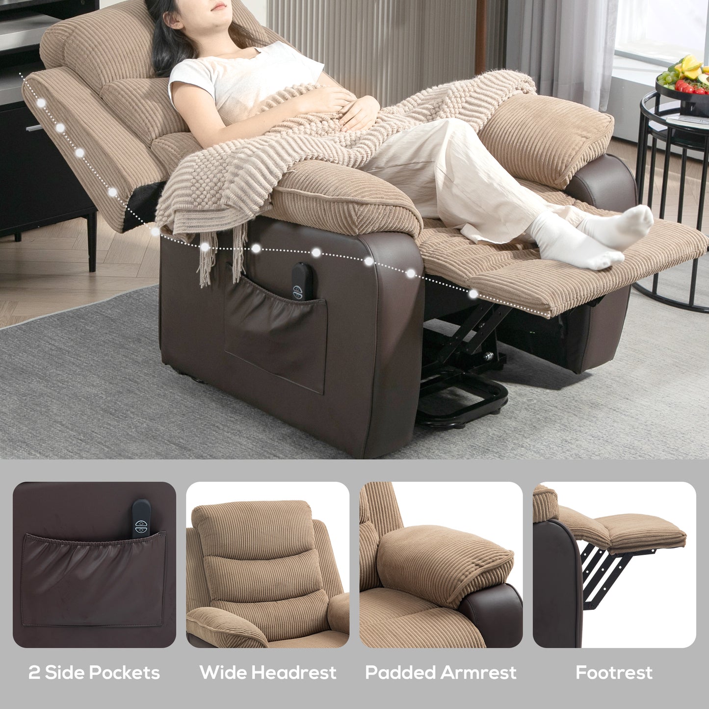 HOMCOM Power Lift Recliner Chair, Patchwork Oversized Electric Armchair, Brown