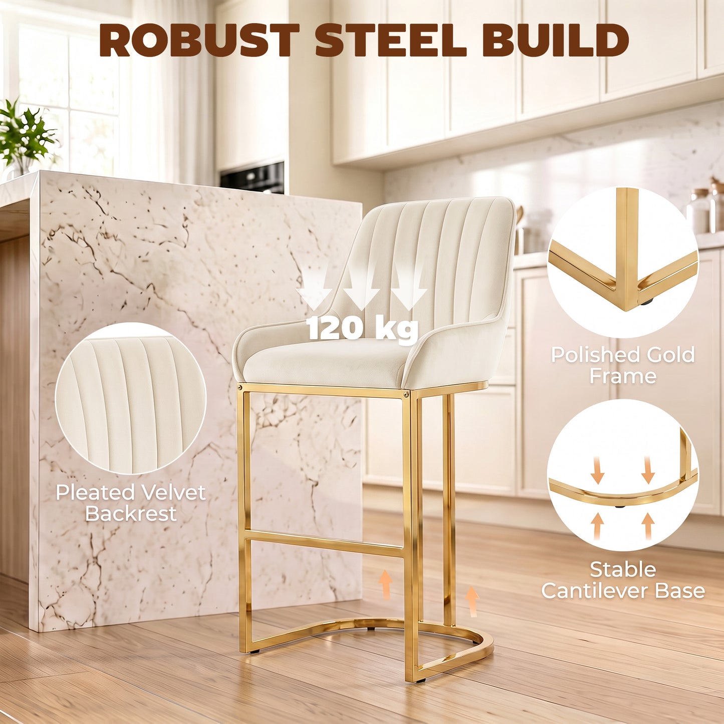 HOMCOM Bar Stools Set of 2 with Backrest, Footrest, Gold Electroplated Legs for Kitchen Island, Dining Room, Cream White