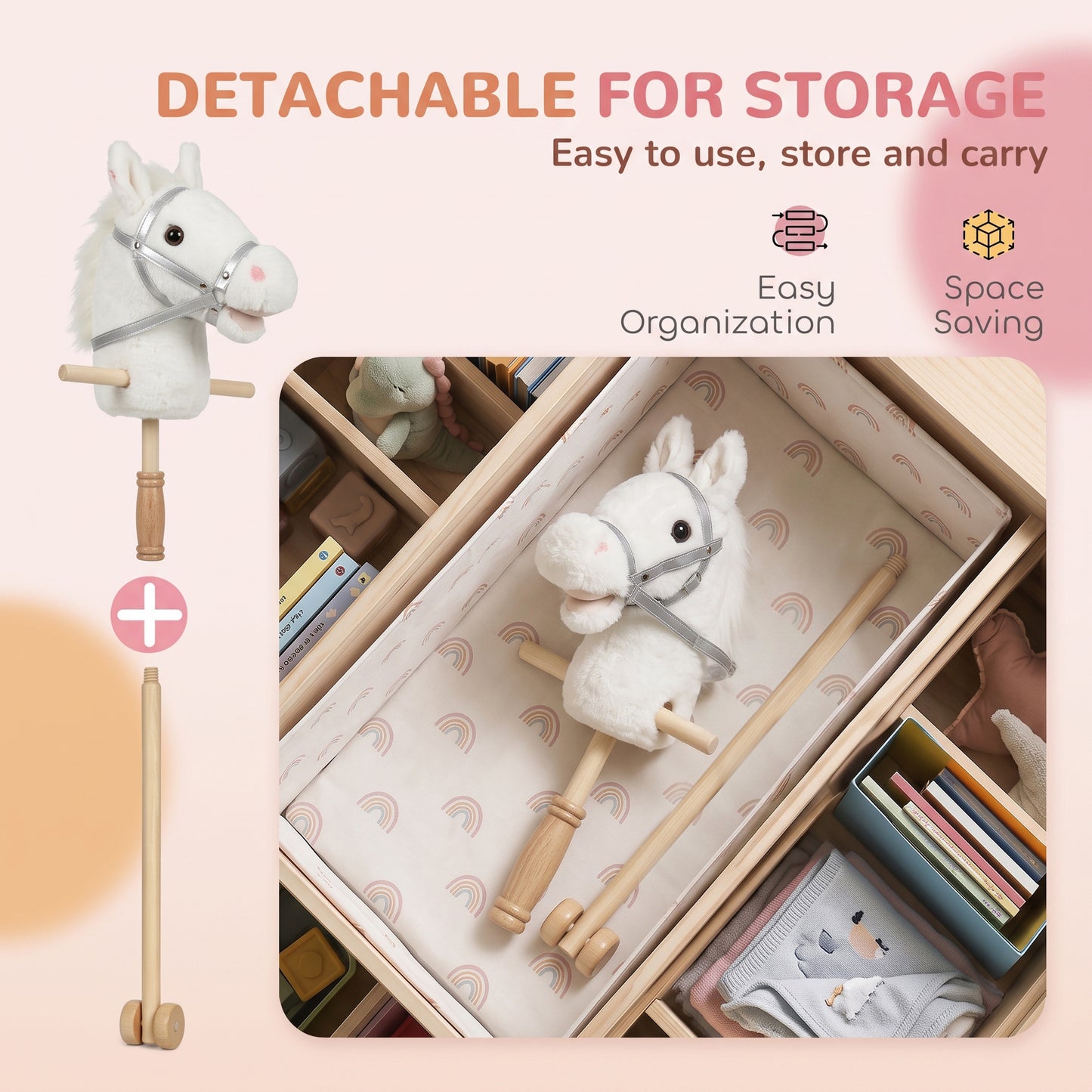 AIYAPLAY Hobby Horse with Wood Wheels, Stick Horse with Grip Handle, Hoofbeats Neighing, Gift for Imaginative Play, 95 cm, White