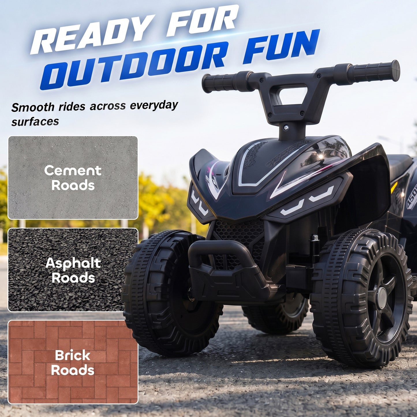 AIYAPLAY 6V Battery Powered Kids ATV, Quad Bike w/ Handlebar Button Control, Max 1.2MPH, Max 55lbs Load, for 18-48 Months, Black