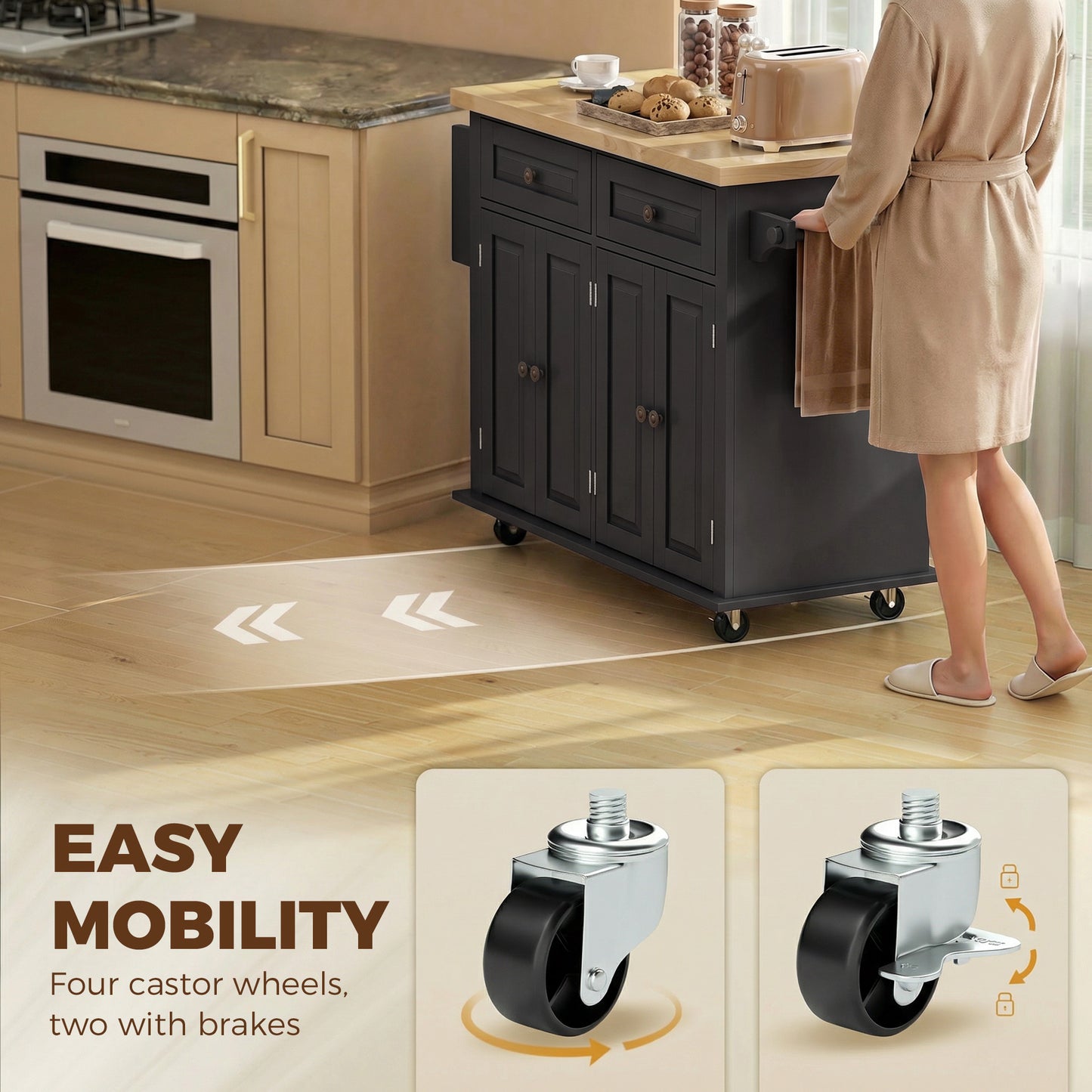 HOMCOM Kitchen Island on Wheels, Rolling Kitchen Trolley with Rubberwood Top, 2 Drawers, Adjustable Shelves, Black