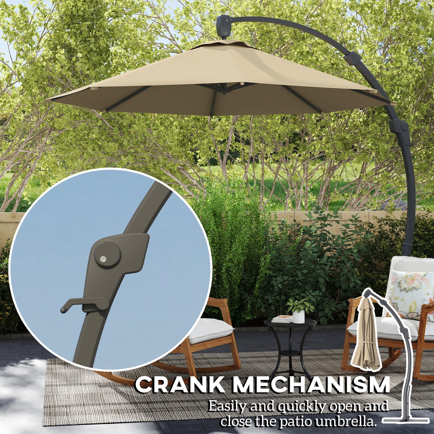 Outsunny Garden Cantilever Parasol, Round Umbrella, Crank Handle, Cross Base, 360° Rotation, Aluminium Frame, Banana Patio Sun Shade, Khaki