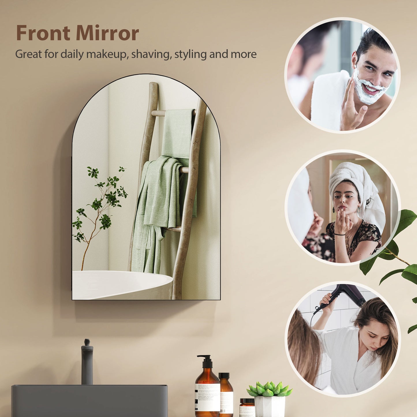 HOMCOM Bathroom Mirror Cabinet with Mirror, Arched Wall Mounted Bathroom Cabinet with Storage Shelves, Black