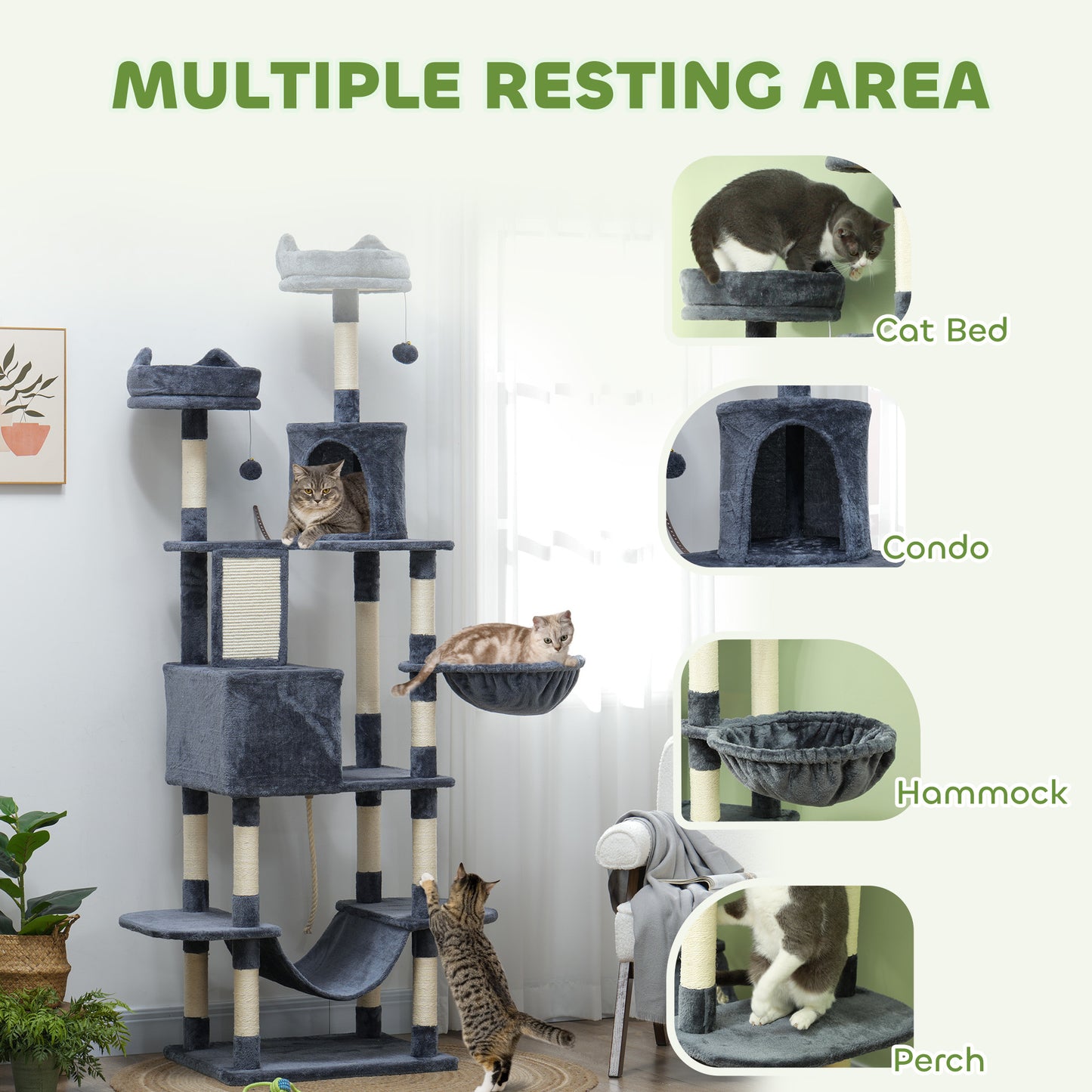 PawHut 206cm Cat Tree, Multi-Level Cat Tower with Scratching Posts and Board, Beds, Condos, Platforms, Toy Balls, Dark Grey