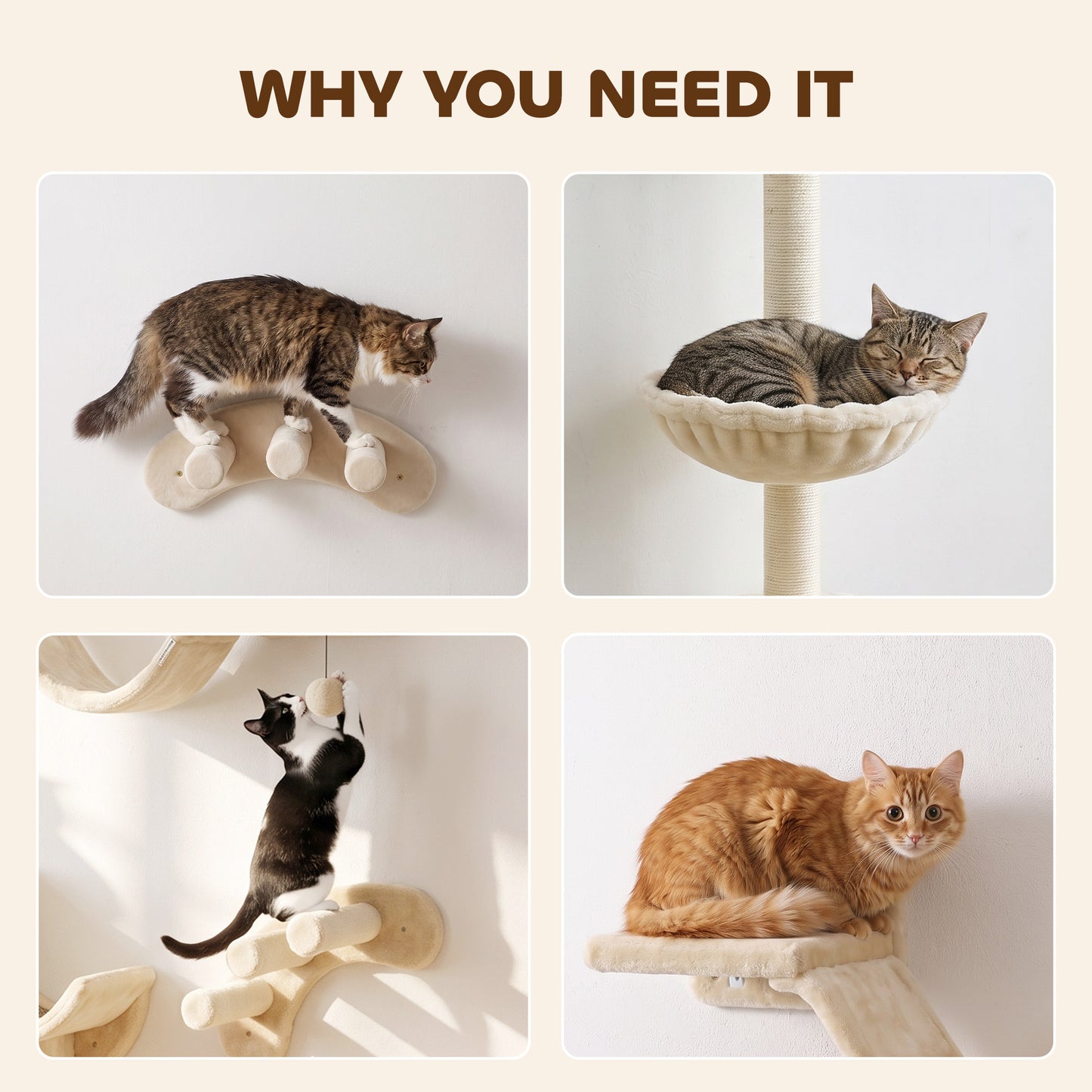 PawHut Four-Piece Cat Wall Furniture, with Hammock, Ladder, Platforms, Steps, for Indoor Use - Beige