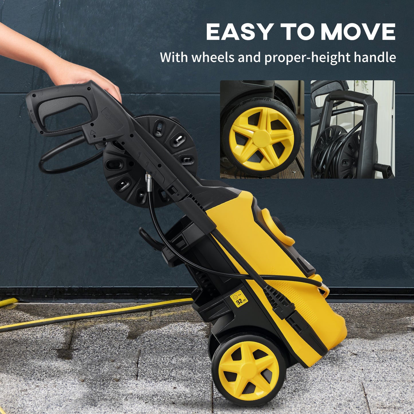 DURHAND 1800W High Pressure Washer, 150 Bar, 510 L/h Flow, Portable Jet Wash with 6M Hose & Reel, Yellow