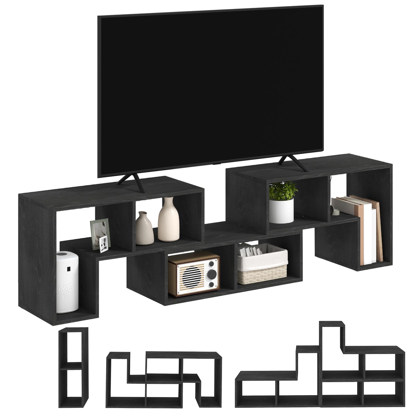 HOMCOM TV Stand for TVs up to 75", Storage Shelves, Extendable Unit, Black Wood Grain