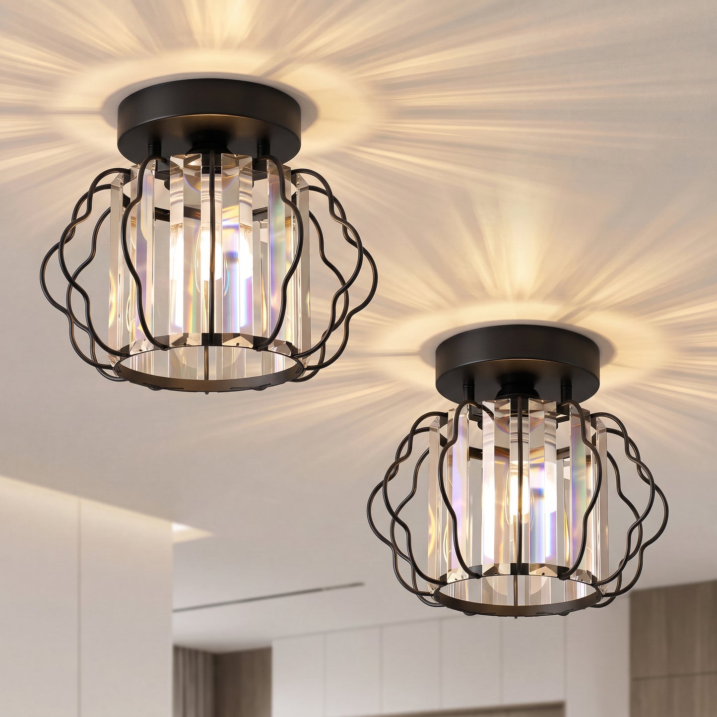 HOMCOM Crystal Ceiling Light Fixtures, Modern Semi-Flush Ceiling Lighting with Crystal Strips, 2 Pack, Black