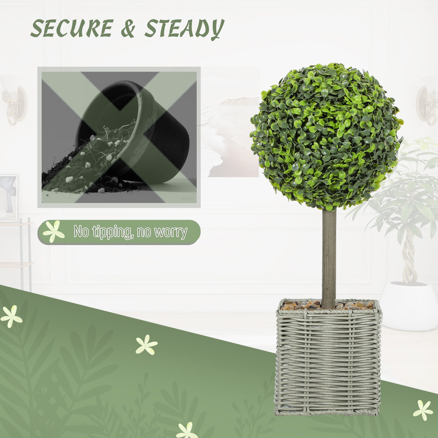 HOMCOM Set of 2 Artificial Plants, 50cm Faux Boxwood Topiary Balls in Woven Plastic Pots with Pebbles, Fake Decor for Home/Office, Green