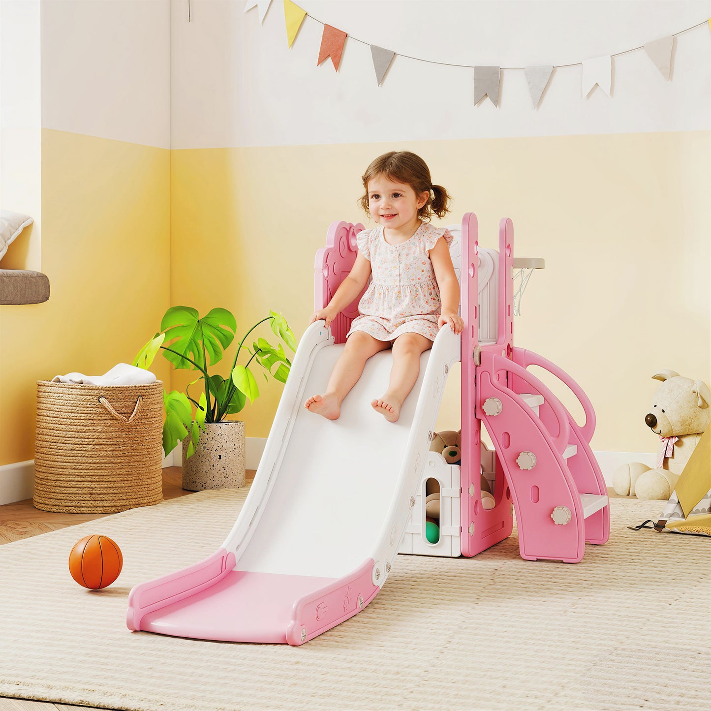 AIYAPLAY 5 in 1 Kids Slide Set with Basketball Hoop, Climbing Frame, Telescope, Storage Box for Toddlers Ages 1-3, Pink