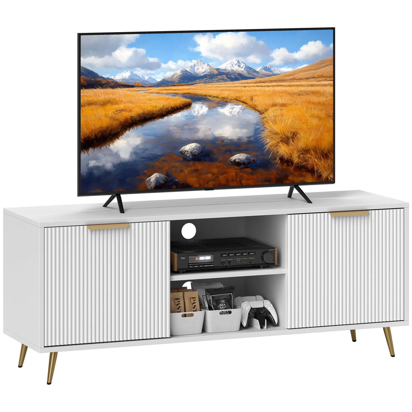 HOMCOM Modern TV Stand, 2 Open Shelves & 2 Cabinets for TVs up to 55", White
