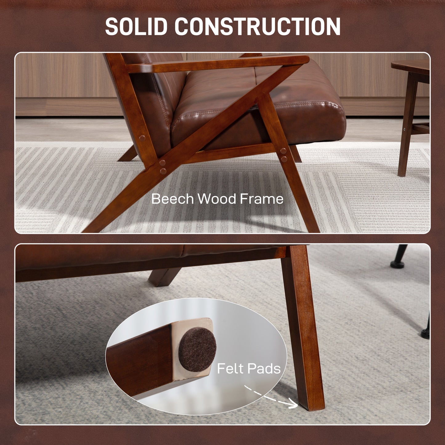 HOMCOM Compact 2 Seater Sofa, Vintage Tufted Loveseat with Solid Wood Legs, PU Leather Couch for Living Room, Bedroom, Home Office, Brown