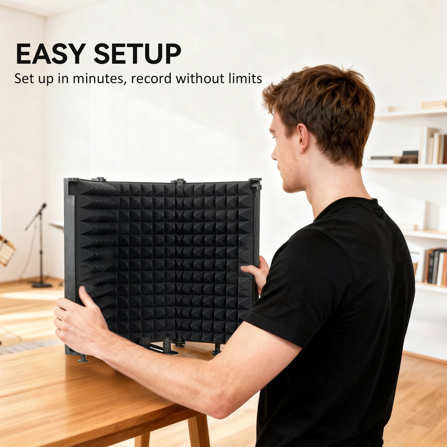 HOMCOM Studio Microphone Isolation Shield, 3-Panel Foldable High Density Foam with 3/8" Threaded Mount, Adjustable Recording Equipment, Black