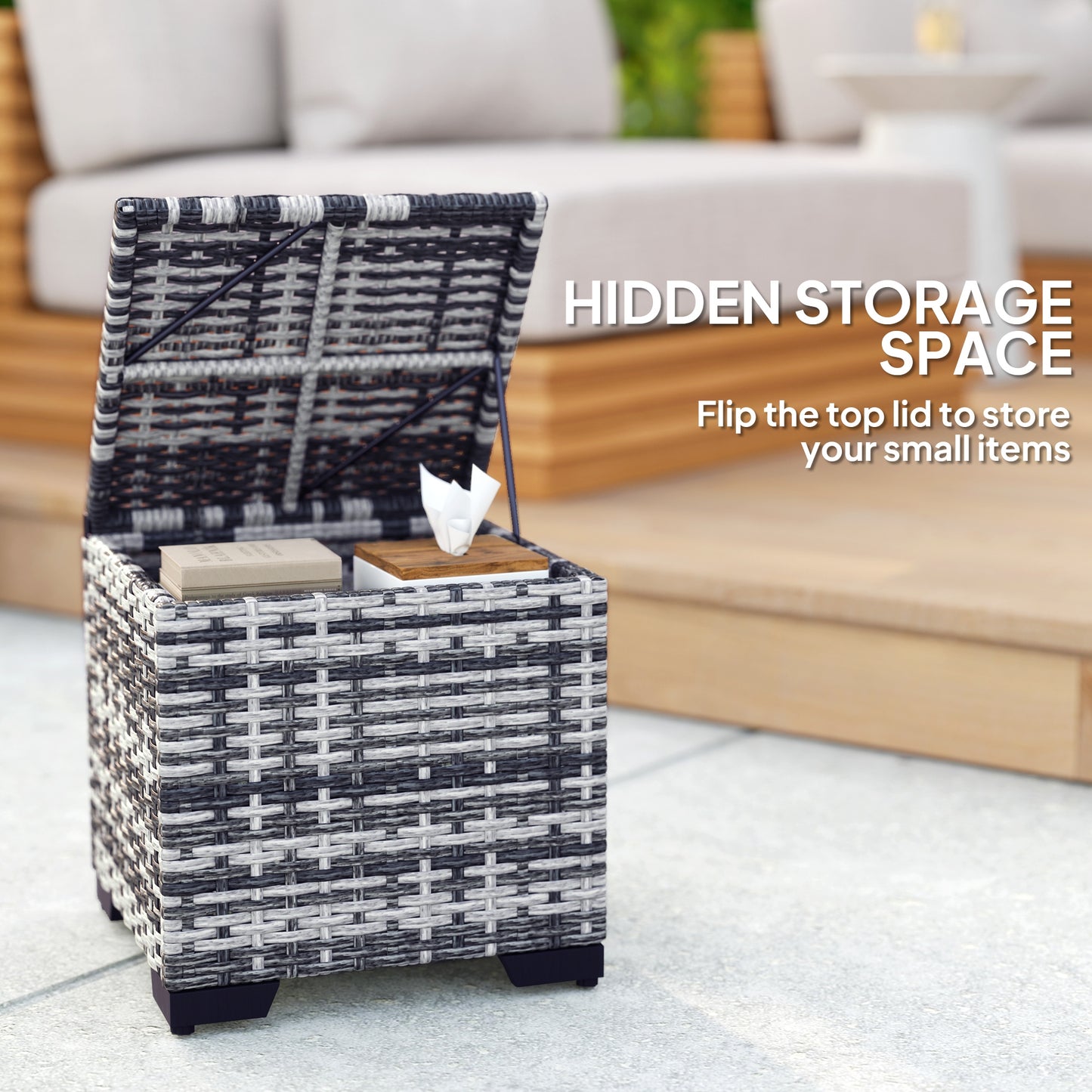 Outsunny Set of 2 Rattan Storage Ottomans, Outdoor Footstools with Removable Cushions for Garden, Balcony, or Living Room, Dark Grey