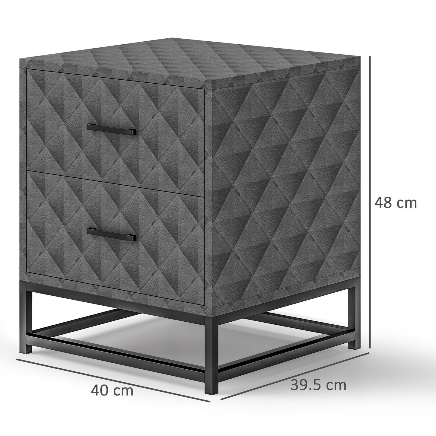 HOMCOM Bedside Tables Set of 2 with 2 Drawers, Modern Nightstand Cabinet, Steel Legs for Bedroom/Living Room, Grey